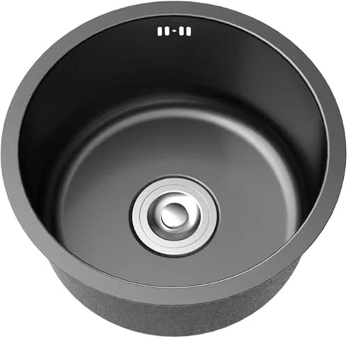 Spülbecken Schwarz Mini,304 Edelstahl Küchenspüle Rund,Spüle Klein,Waschbecken Küche 1 Becken mit Abflussrohr und überlauf Einbauart: Einbau Von Oben und Unterbau (Ø 25cm)