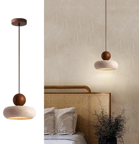 Lámpara colgante japonesa Wabi-Sabi con pantalla redonda vintage de piedra natural, altura ajustable, LED regulable, para isla de cocina, comedor, salón, mesilla de noche, pasillo (Color Nogal)