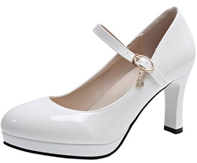 Zapatos elegantes para mujer, bombas de moda con punta fina, elegantes, fáciles de poner, con hebillas, cómodo tacón medio para fiestas, bodas, zapatos de plataforma elegantes para mujer, Blanco, 38