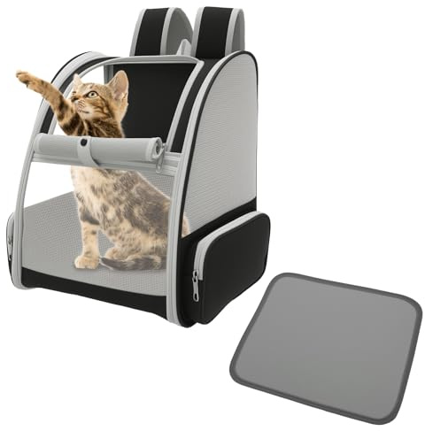 Faltbarer Katzenrucksack,Haustier Rucksack mit Netzfenster, Tragbare Hunderucksack mit Weicher,Haustiermatte bis zu 6,8 kg,Atmungsaktive Tragerucksack Hundetasche für Reisen,Wandern,Spaziergänge(grau)