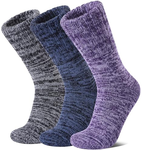 LANLEO Womens Merino Wool Boot Socks Thermal Hiking Winter Warm Thick Cozy Crew Socks 3 Pairs-Purple/Black/Blue