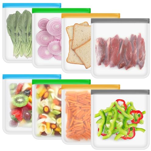 Reusable Freezer Bags, 27.5 x 27cm Large Gallon Food Storage Pouches | 8Pcs BPA Free Sandwich Bags, Ziplock Bag for Vegetables, Fruits, Sandwiches, Meat