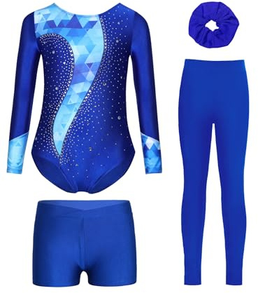 Miutii 4tlg.Mädchen Turnanzug Glitzer Gymnastikanzug mit Shorts Hose und Haargummi Langarm Gymnastik Leotard Wettbewerb Tanzkostüm