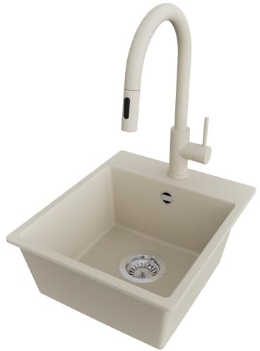 PRIMAGRAN Evier Cuisine en Granit au Meuble 40cm + Robinet, 38x44cm | Set: Robinet BW9010 + Kit de Vidage (Siphon, bonde d’évacuation, trop-plein) + Lavabo 1 Bac - Riga, Beige