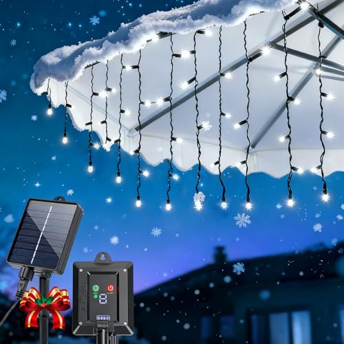 Aigostar Solar Eisregen Lichterkette Außen [8 Modi | Kaltweiß] + 5m*0.4M Vorhang & 3m Kabel - IP65 Wasserdicht - Auto Ein/Aus, Beleuchtung mit Solar - Für Weihnachten, Garten, Balkon, Hochzeit