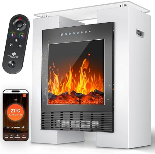 KESSER® LED Kamin mit Heizung elektrisch | Heizlüfter Elektrokamin mit Thermostat, Standkamin mit realistischem Feuer -/ Flammeneffekt per App + Fernbedienung & WLAN – mit Timer,15-35°C, Weiß