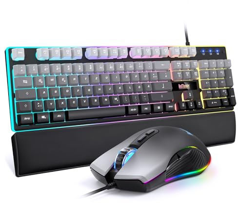 RedThunder K10 Gaming Tastatur und Maus Set, QWERTZ DE Layout, 26KRO Tastatur + 7D 7200 DPI Mause & Weiche Leder Handballenauflage, RGB Beleuchtung für PC Gamer, Mac PS5 Xbox (Grauverlauf)