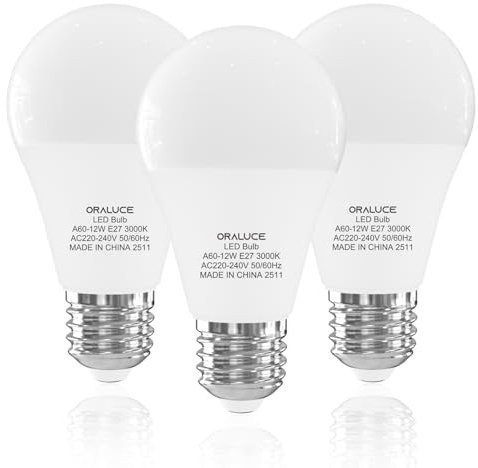 ORALUCE E27 LED Warmweiss 12W, Ersetzt 100 Watt Glühlampen, 3000K, 3 Stück | Leuchtmittel E27 Warmweiß, 1200LM Birne, 220° Abstrahlwinkel Energiesparlampe, Nicht Dimmbar A60 LED Lampe E27