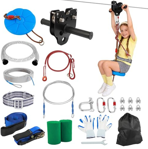 FAHKNS 250FT Zip Line Kit for Kids Adults: Up to 400LBS Quick Tighten Zipline for Backyard with Rust Proof Removable Trolley,Spring Brake,Height Adjustable Seat,Outdoor Kids Play Equipment