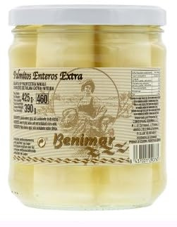 Benimar Cœurs de Palmier Entiers, Qualité Supérieure, 3 Bocaux de 410g, Poids Égoutté 250g, pour Buffets et Salades Raffinées