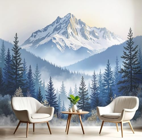 NAWVNMI Carta Da Parati Fotografica Montagne Foreste Innevate Fotomurali Blu Freddo - Scandinavia Natura Carta per Pareti Soggiorno Camera Da Letto Fotomurali In Tessuto Seta (350 x 256cm)
