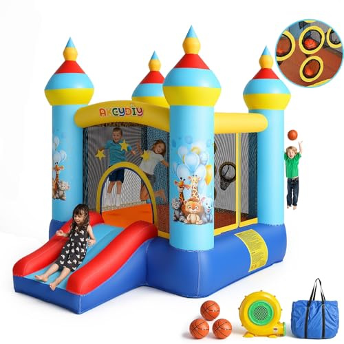 AKEYDIY Hüpfburg mit Rutsche, 270x210x180cm, Aufblasbare Hüpfburg für Kinder 3-8 Jahre, Dschungeltiere -Design, Indoor/Outdoor (Blau)