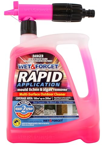 Wet & Forget Rapid Application, Ready-to-Use Mould, Lichen & Algae Remover, Black Spot Remover, Outdoor Cleaner for Patio Slabs, Driveways & Roofs, Bleach Free, 2L, Packaging May Vary