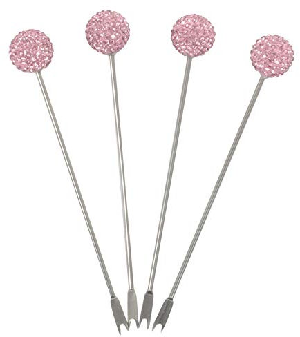 Set of 4 Cocktail Mini Forks Stainless Steel Picks Pink Sparkling Diamante Glass Top Sticks Olives Tapas Party Snacks