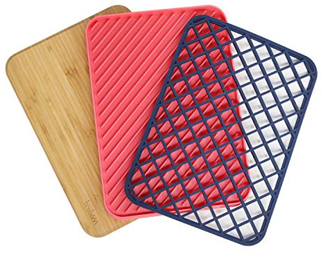 Trebonn - Trilogy Chop Drain & Rest, set de cuisine avec planche à découper en bambou 34 x 24 cm, égouttoir et repose-plat en silicone, Corail
