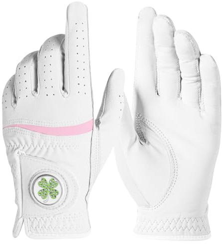 Womens Golf Glove with Clover Ball Marker 1 Pack, All Weather Grip Microfiber & Leather Gloves for Ladies, Comfortable Breathable Fit for Left Hand or Right Hand in White Pink (White, Medium, Left)