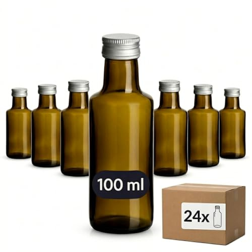gouveo 24er Set Glasflaschen 100 ml Dorica Antik mit Schraubverschluss silberfarben - Leere Flaschen 0,1 l zum Befüllen - Kleine Glasflasche für Likör, Öl, Essig (DFA100S)