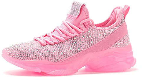 BELOS Women's Fashion Rhinestone Mesh Knit Slip On Sneaker Breathable Glitter Walking Shoes(Pink,9)