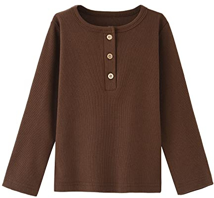BINIDUCKLING Maglietta Henley a Maniche Lunghe per Bambini e Ragazze, Tinta Unita, con Bottoni 2-7T, Marrone, 5 Anni