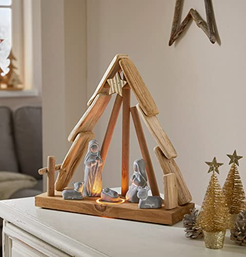 Dekoleidenschaft Crèche de Noël avec éclairage LED, étable en bois de hêtre, figurines en béton, décoration de Noël, crèche en bois