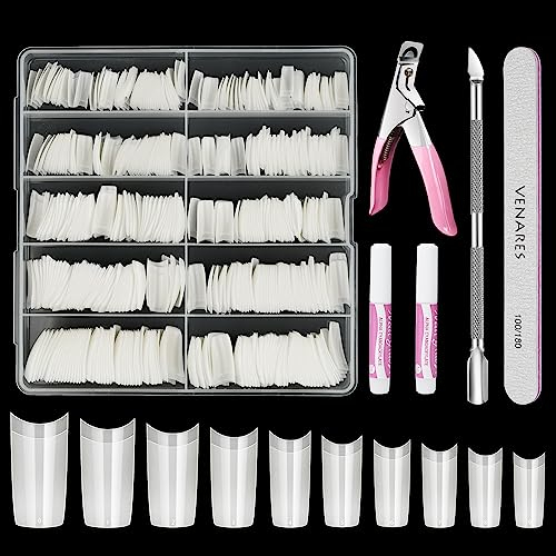 Nageltips für Gelnägel, Venares 500 Stücke Acryl Künstliche Nägel 10 Größen Nageltips mit Kleber Nägel Feilen Nagelknipser Nagelhautschieber, Hable Nagelspitzen Gelnägel Set(Natürlich)