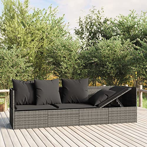 Festnight Gartensofa mit Liegefunktion 3 Sitzer Sonnenliege Gartenliege Balkon Sofa Liege Liegesofa Relaxliege Outdoor Sofabett Gartenbett Rattansofa Gartenbank Rattan Balkonmöbel Loungesofa, Grau