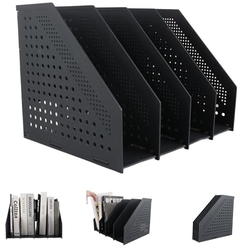 AKOLAFE Faltbarer Stehsammler A4 Kunststoff mit 4 Fächer Stehordner Plastik Zeitschriftensammler Schwarz Robust Zeitschriftenhalter Langlebig Schreibtisch Organizer für School, Büro, Studie