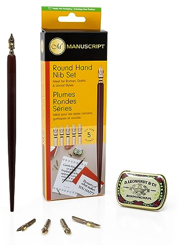 MANUSCRIPT Leonardt - Set per calligrafia a mano rotonda, 1 penna a immersione in legno, 5 pennini diversi, sapientemente realizzati e pennino vintage, set di penne per calligrafia tradizionale, per