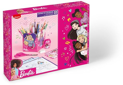 Maped - Geschenkset zum Ausmalen von Barbie – Bleistifte, Filzstifte, Anspitzer, Schere 13 cm, Radiergummi, Sticker, Stifteköcher – Offizielles Barbie-Lizenz