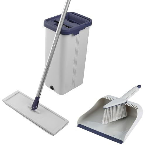 Beldray COMBO-9166 Deep Clean Flat Mop & Bucket Set – With Dustpan and Brush, Dual Compartment Self-Wringing Dirt Scraper 5.5L Bucket, Pointed Head for Hard-to-Reach Areas, Scratch-Free Bristles