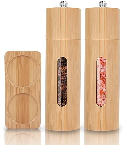 Salt and Pepper Grinder Set, Wood & Refillable Manual Salt & Pepper Mill with Wooden Tray, Pepper Mills & Salt Grinder Shaker, Kitchen Hand Spice Grinder