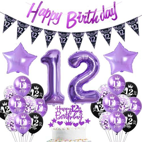 Lila Luftballon und Folienballon 12. Geburtstag Dekoration Tortendeko für Mädchen Party - Violett Deko 12 Jahre