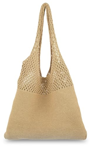 Andibro Strandtasche,Damen Häkeltasche Gehäkelte Mesh Tote Bag Boho Sommer Tragetaschen Umhängetasche Netz-Stricktasche für Reisen Einkaufen und Alltag (Khaki)