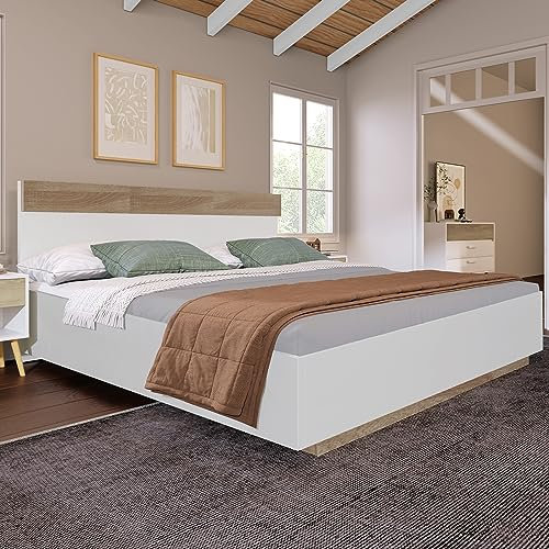 Soweiz Doppelbett Holzbett Schwebebett mit Kopfteil aus Bettgestell &Lattenrost- Set in Eiche Oak/Weiß(Ohne Matratze) (205x144x90.5 cm(L/B/H))