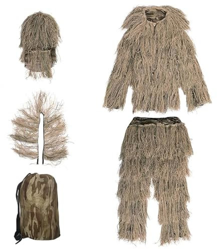 HAZARA 5 in 1 Ghillie Suit for Men Ropa De Caza De Camuflaje 3D Disfraz De Arbusto Incluyendo Chaqueta,Pantalones,Capucha,Bolsa De Transporte para Paintball, Disfraz De Halloween,DryGrass-Kids