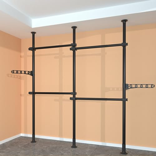 Garderoben Teleskop System, Teleskop-Garderobensystem, Begehbarer kleiderschrank System, Teleskop-Kleiderschrank vom Boden bis zur Decke Multifunktions, Kapazität 60 kg(Black,D)