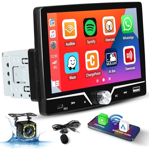 Hikity 1 DIN-bilradio med 7-tums pekskärm, Android Auto trådbundet CarPlay, Bluetooth, backkamera, spegellänk, USB, AUX, MIC