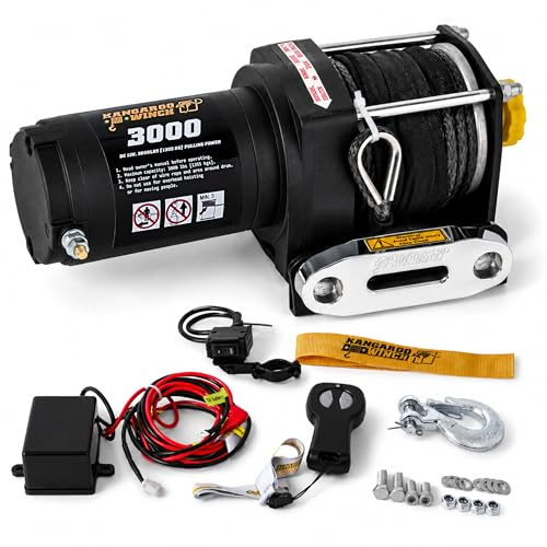 KANGAROO WINCH Elektrische Seilwinde 12V - 3000 LBS / 1361 kg Zugkraft | Ideal für ATV, Quad und Offroad Einsätze - Robuste Konstruktion - Inklusive Synthetikseil und Funkfernbedienung (K3000SR)