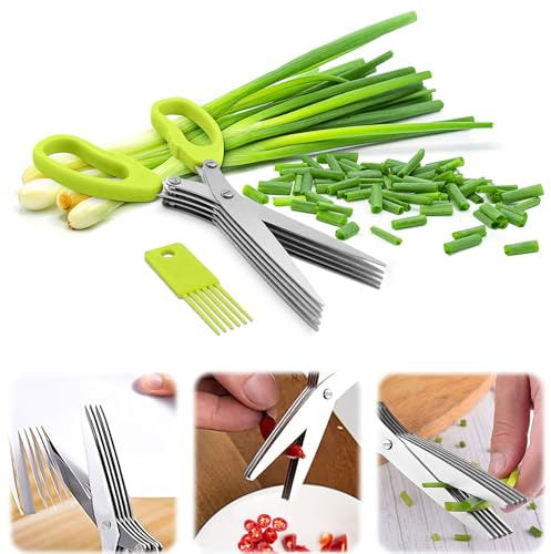 2PCS Kräuterscheren-Set,Küchenschere mit 5 Klingen und Abdeckung zum Hacken von Basilikum,Schnittlauch ;Küchenschere,langlebige Edelstahlschere zum Schneiden von Fleisch,Huhn (green)
