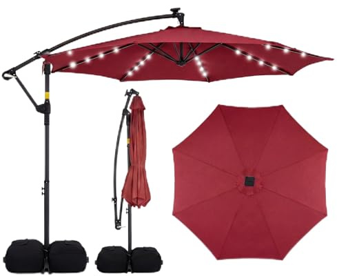 GOPLUS Sombrilla Jardín 300 cm, Sombrilla Terraza Exterior con 8 Costillas, 32 Luces LED Solares, Manivela para Rotación 360°, Inclinable, Protección UV (Rojo, 3 M sin Base)