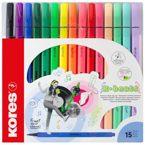 Kores K-Beats Premium Filzstifte, 15 Stück | Faserspitze Zum Skizzieren, Ausmalen und Schreiben, Einzigartige Lebendige Farben, Inklusive Neon und Pastell, Schulbedarf