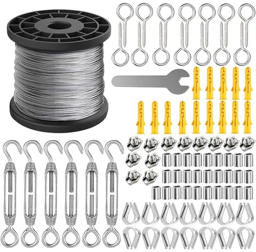WYIPOLZI 90pcs Garden Wire - 50m/2mm Stainless Steel, M5 Turnbuckle Tensioner, Wire Rope Kit, Fence & Cable Railing Kit