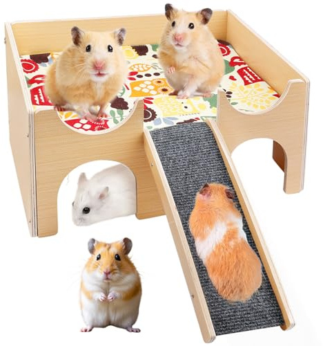 PORFOYO Casa per porcellini d'India, Grande Capanna Porcellino con Rampa 4 Ingressi, Giocattolo per piccoli animali Legno per criceti, cincillà