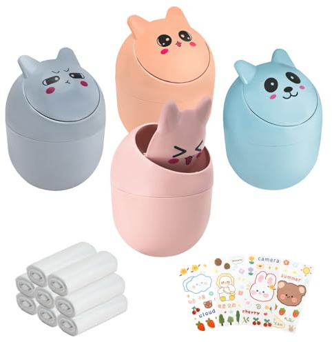 Jiayaus 4PCS Mini Desk Bin, Cute Mini Desktop Trash Can with 240Pcs Rubbish Bags and 4Pcs Stickers, Small Bathroom Bin with Lid, Desktop Dustbin for Home Office Bedroom Kitchen