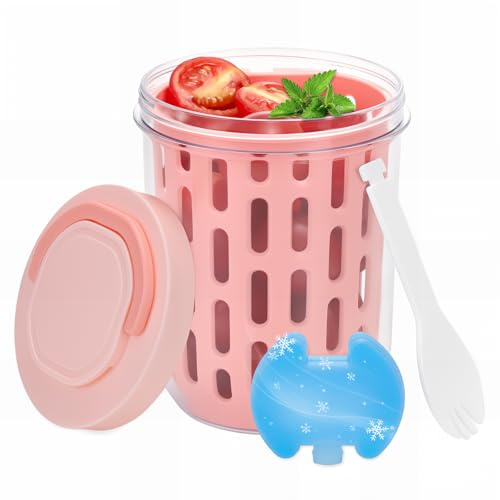 Bugucat Snackbox mit Kühlakku Kinder 620ml,Bento Box Salat To Go Box mit Deckel, Snack Box mit Gabel & Sieb für Obst Gemüse, Multifunktional Salatbox Obstboxfür Schule Büro Picknick,Rosa