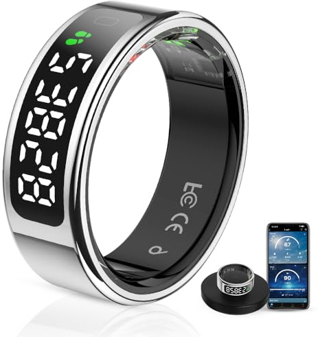 Govllfoz Anillo inteligente con pantalla LCD, rastreador de sueño, anillo de control táctil con frecuencia cardíaca, oxígeno de sangre, base de carga inalámbrica, rastreador de fitness resistente al