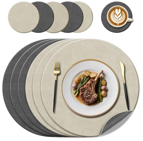 Round Faux Leather Place Mats (38cm) ＆ Coasters, Dark Grey/Cream, Set of 6 | Reversible (Dual-sided), Heat Resistant to 100°C, Non-slip & Wipe-clean, for Glass/Wood/Marble Tables, Outdoor Garden