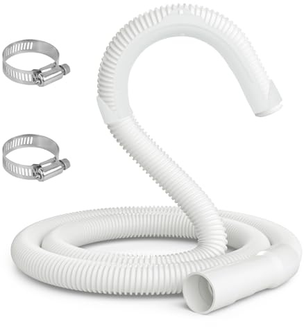 KAINGA 1,8 m Waschmaschinen-Ablaufschlauch, gewellter und flexibler Waschmaschinenschlauch, Entladungsschlauch Ersatz für Whirlpool, GE, Kenmore, Klemmen und Haken enthalten, Weiß