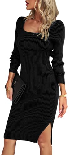 HUXRAKV Robe Pull Femmes Hiver Chic Élégante Col Carré Manche Longue Casual Femme Robe Sexy Moulanteen Robe en Tricot pour Fête Bureau Décontracté,WD41-Nior,XL