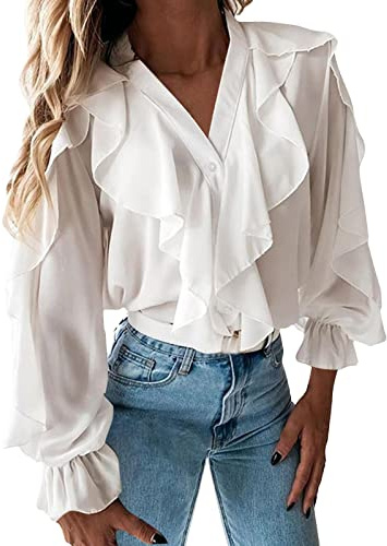 Generisch Blusa elegante con cuello en V, volantes lisos, mangas abullonadas, para mujer, parte superior de fiesta, Blanco, XL